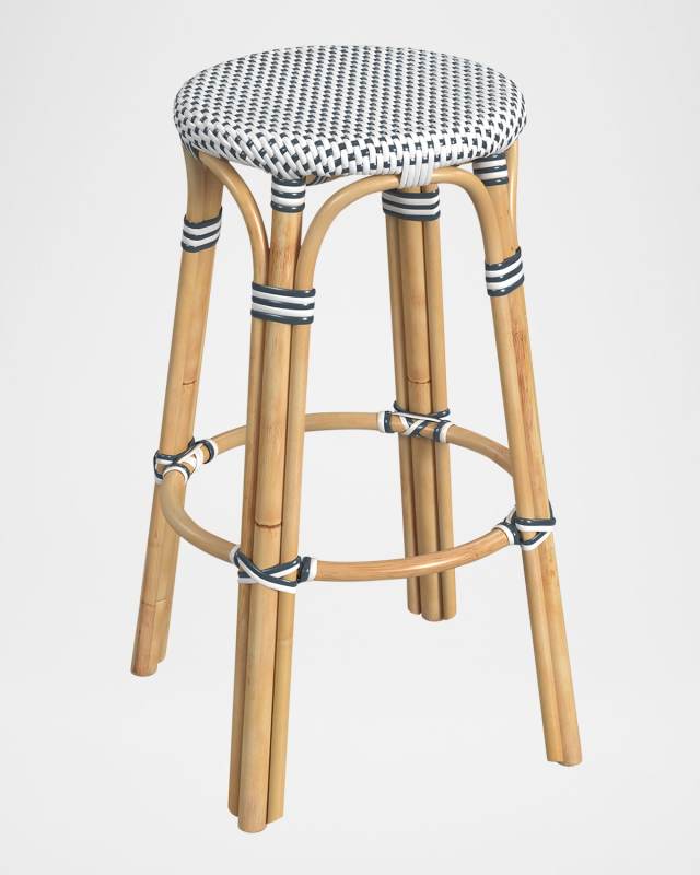 Tobias 30" Rattan Bar Stool, White/Navy Dot
